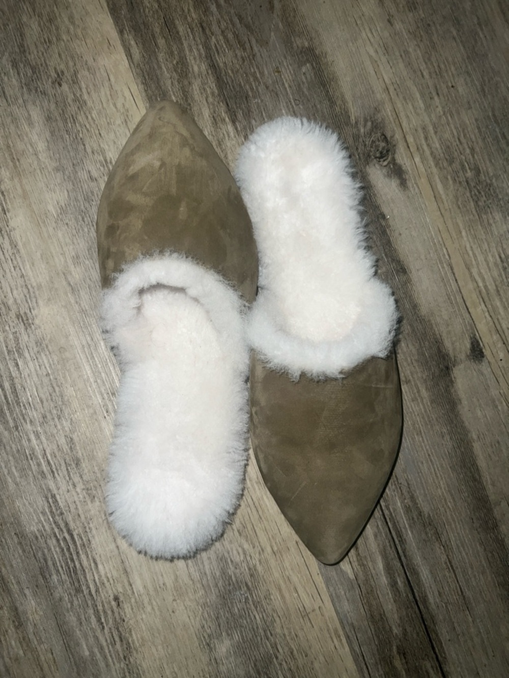 Jenni Kayne Tan Suede Pointed Mules with Cream Faux-Shearling